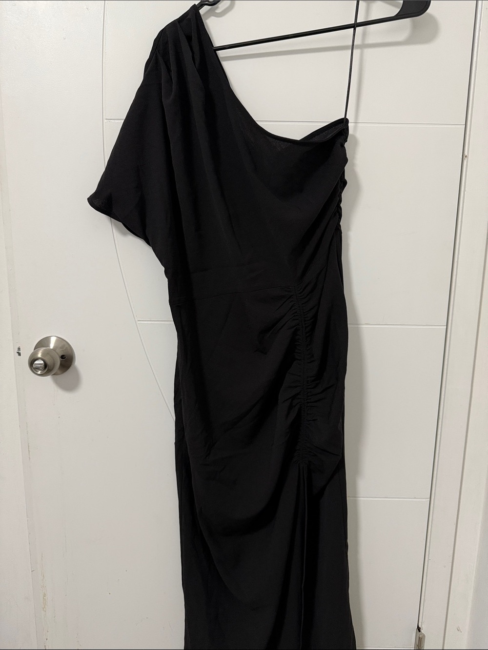 One-Shoulder Black Ruched Maxi Slit Dress - Women